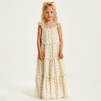 Polka Dot Print Sleeveless Tiered Dress with Frill Detail