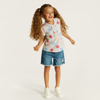 Juniors Polka Dot Polo T-shirt with Ruffles and Short Sleeves