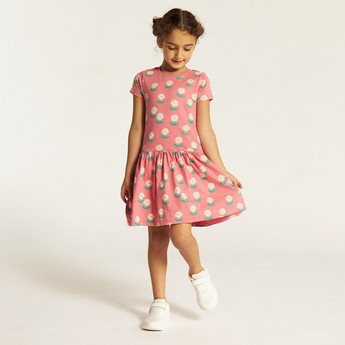 Juniors Floral Print Drop Waist Dress with Short Sleeves