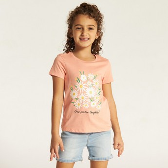 Juniors Floral Print Round Neck T-shirt with Short Sleeves