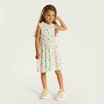 Juniors Printed Sleeveless Polo Dress with Button Closure