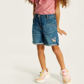 Juniors Floral Embroidered Denim Shorts with Button Closure and Pocket