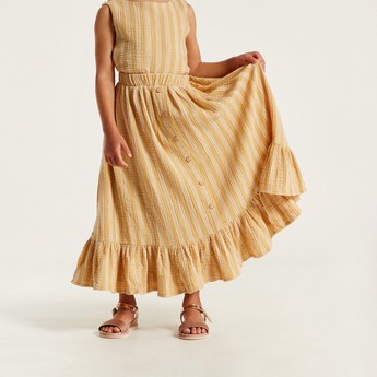 Striped A-line Maxi Skirt with Button Accents and Elasticised Waistband