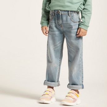 Juniors Solid Denim Pants with Pockets and Button Closure