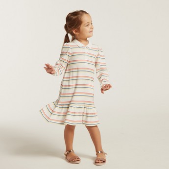 Juniors Striped Polo Dress with Long Sleeves