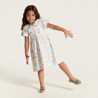 Juniors Polka Dot Dress with Ruffles and Balloon Sleeves