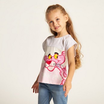 Pink Panther Print T-shirt with Extended Sleeves and Round Neck