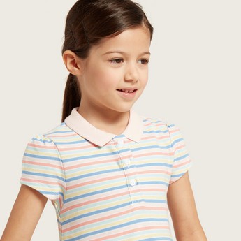 Juniors Striped Tiered Dress with Short Sleeves and Polo Neck