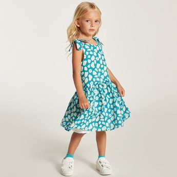 Juniors Printed Sleeveless Dress with V-neck and Tie-Up Detail