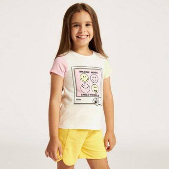 Smiley World Printed Crew Neck T-shirt with Cap Sleeves