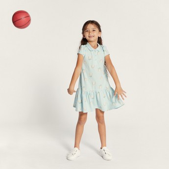 Juniors Printed Polo Dress with Cap Sleeves and Button Closure