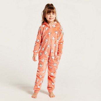 Juniors All-Over Printed Hooded Onesie with Long Sleeves and Zip Closure