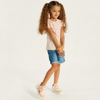 Juniors Polka Dot Print Polo T-shirt with Short Sleeves and Ruffle Detail