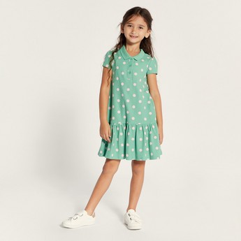 Juniors Polka Dot Print Polo Dress with Short Sleeves