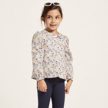 Floral Print Top with Peter Pan Collar and Long Sleeves