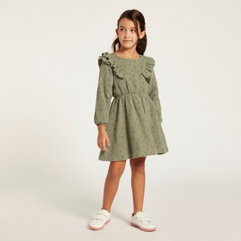 Love Earth Printed Organic Dress with Long Sleeves and Ruffle Detail