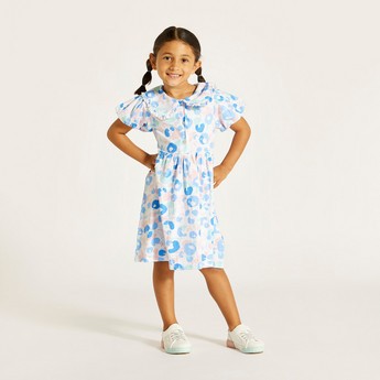 Juniors Printed Dress with Peter Pan Collar and Button Closure