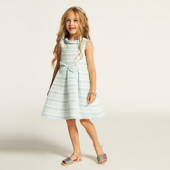 Juniors Striped Sleeveless A-line Dress with Bow Accent