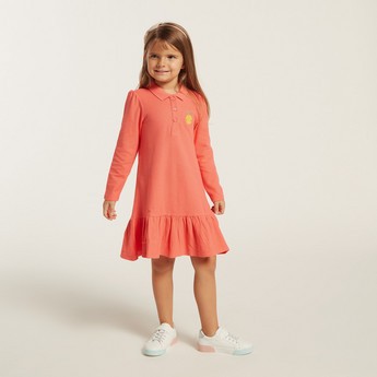 Juniors Embroidered A-Line Dress with Long Sleeves and Polo Neck