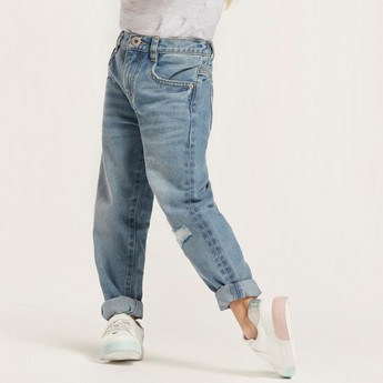 Juniors Solid Denim Pants with Pockets and Button Closure