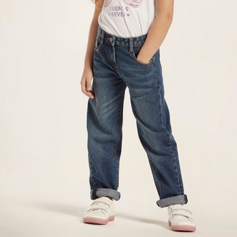 Juniors Solid Denim Pants with Pockets and Button Closure