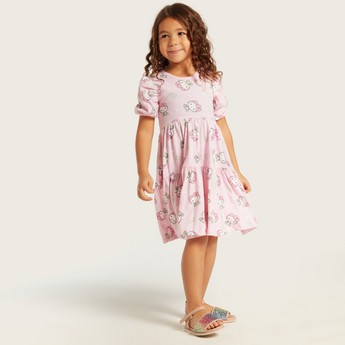 Hello Kitty Print Tiered A-line Dress with Round Neck and Short Sleeves