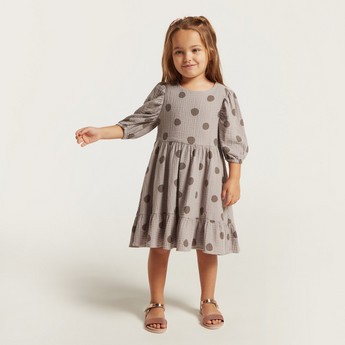 All-Over Polka Dot Print Dress with Short Sleeves