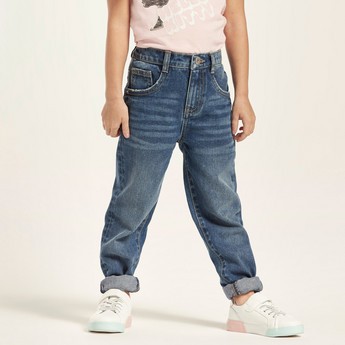 Juniors Solid Denim Pants with Pockets and Button Closure