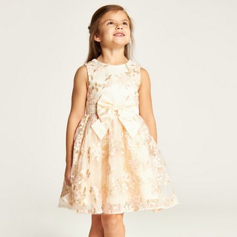 Juniors Lace Textured Sleeveless A-line Dress with Bow Accent