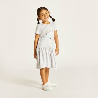 Juniors Unicorn Print Dress with Round Neck and Short Sleeves