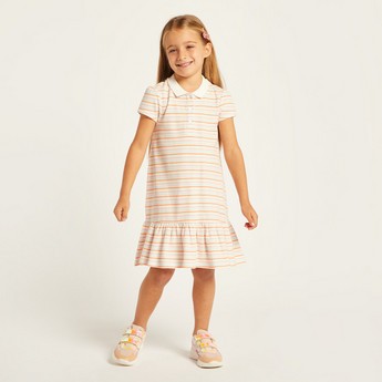 Juniors Striped Polo Dress with Flounce Hem and Short Sleeves