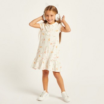 Juniors Printed Polo Dress with Flounce Hem and Short Sleeves