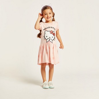 Sanrio Hello Kitty Print Round Neck Dress with Short Sleeves