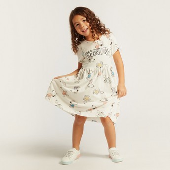 All-Over Snoopy Print Shift Dress with Short Sleeves