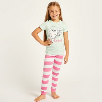 Juniors Printed Crew Neck T-shirt and Full Length Striped Pyjama Set