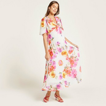 Love Mum Floral Print Maternity Maxi Dress with Short Sleeves