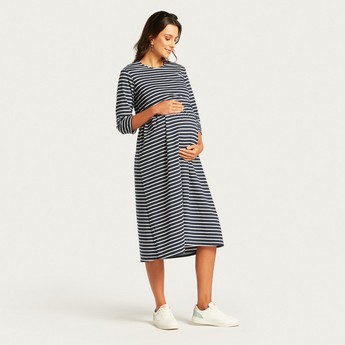 Love Mum Striped Maternity Dress with Round Neck