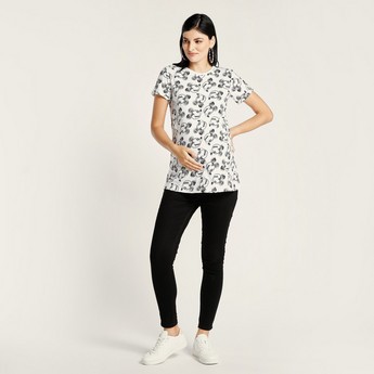 Love Mum All-Over Mickey Mouse Print Maternity T-shirt with Short Sleeves