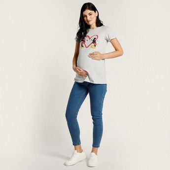 Love Mum Mickey Mouse Print Maternity T-shirt with Short Sleeves