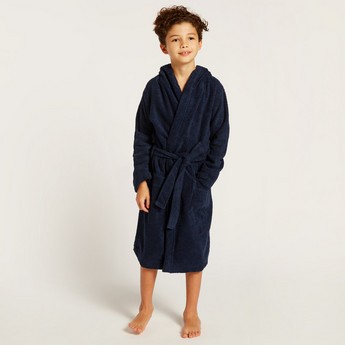 Juniors Textured Long Sleeves Bathrobe with Hood and Tie-Up Belt