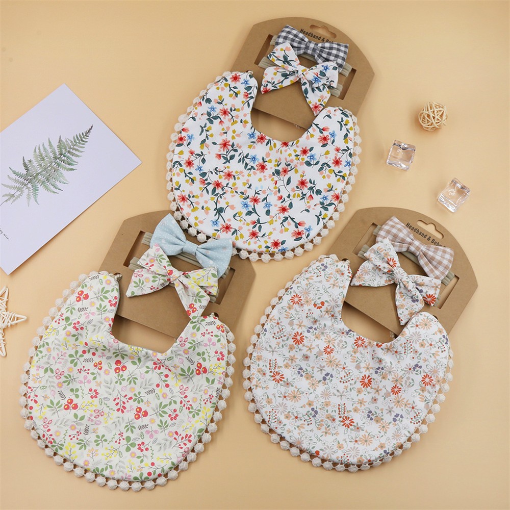 3pcs Children New Baby Plaid Printed Linen Baby Cotton Baby Double-sided Bib Bib Baby Saliva Towel Headband Set