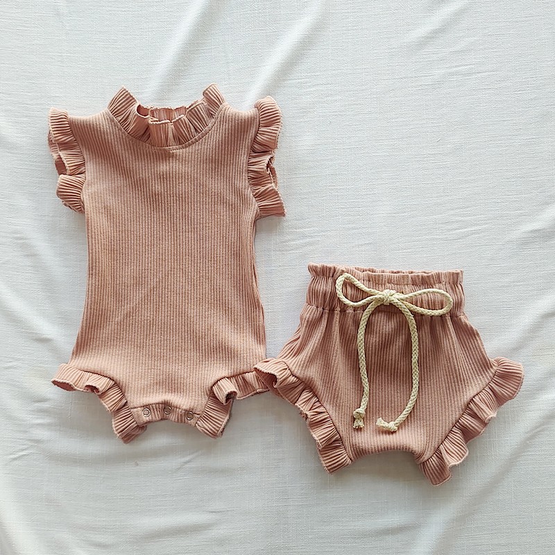 2pcs Infant Baby Girl Clothes Set Waffle Cotton Ruffle Newborn Sweater Romper Top Bloomer Pants Suit Outfits Summer Baby Clothes