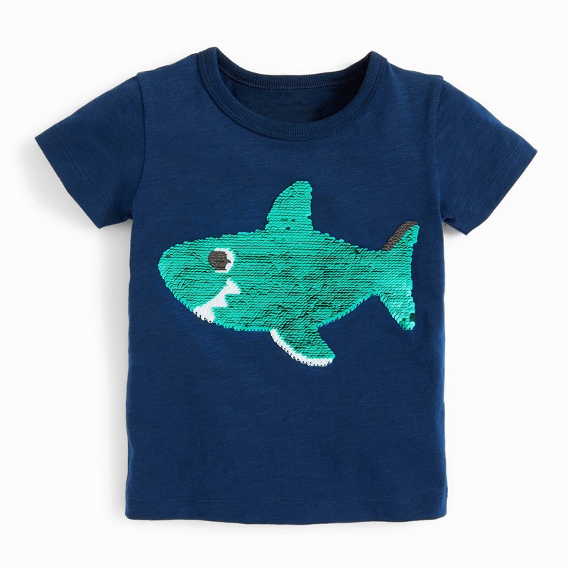 Little maven summer kids t-shirt short sleeve clothes discoloration sequin shark knitting beach casual cotton clothes 2-7years