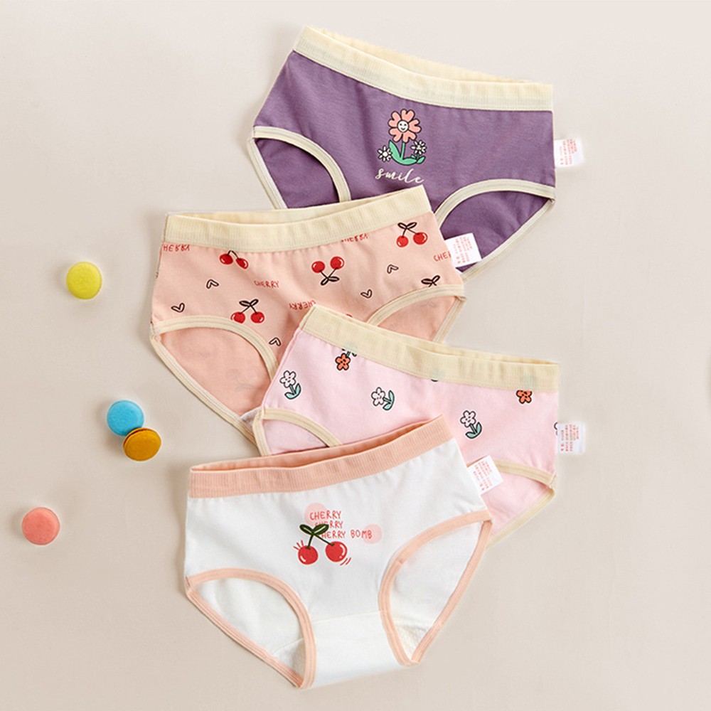 Girls Panties Kids Underwear Cotton Children Briefs Cherry Cartoon Short 4pcs/lot