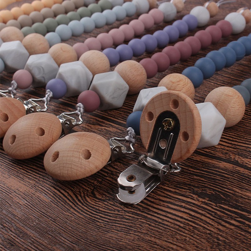 Safety Wooden Teether Baby Infant Baby Doll Pacifier Silicone Soother Nipple Clip Chain Strap Baby Holder Chew Toy Teether