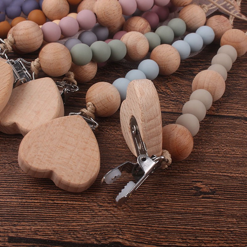 Safety Wooden Teether Baby Toddler Baby Doll Pacifier Silicone Soother Nipple Clip Chain Strap Holder Baby Chew Toy for Baby