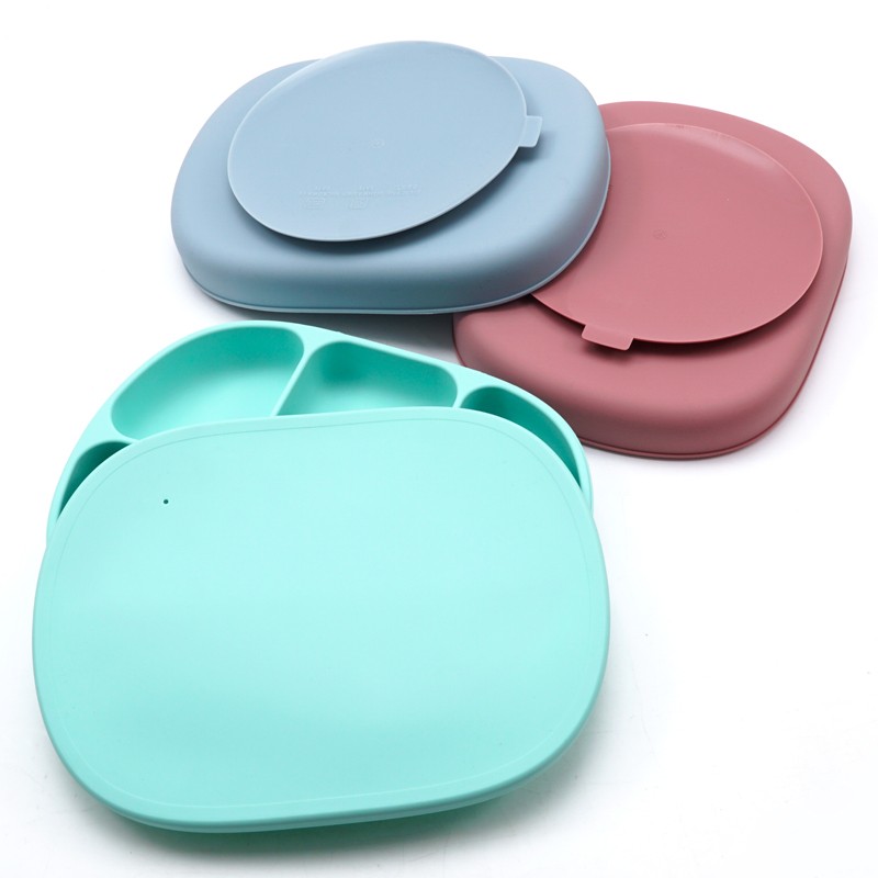 Silicone Baby Dinner Plate With Four Separating Compartments Strong Suction Cup With Lid Silicone Macaron Fresh Color BPA Free