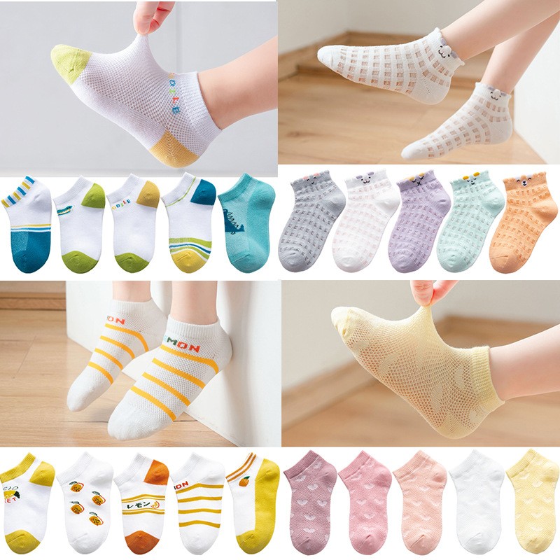 5 Pairs Girls Cotton Socks Summer Thin Mesh Breathable Cute Cartoon Children Socks Toddler Baby Girls Socks Pink 1-12 Years