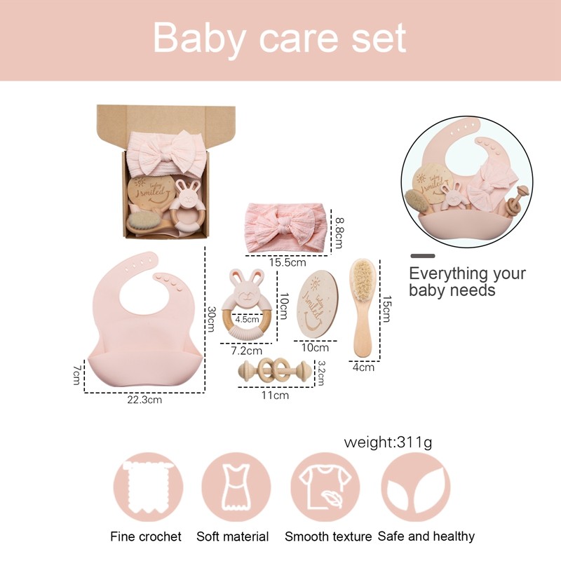 1 Set Baby Care Products Silicone Bibs Headband Baby Milestones Brush Rattle Bracelet Photography Props Birth Set Gift Product
