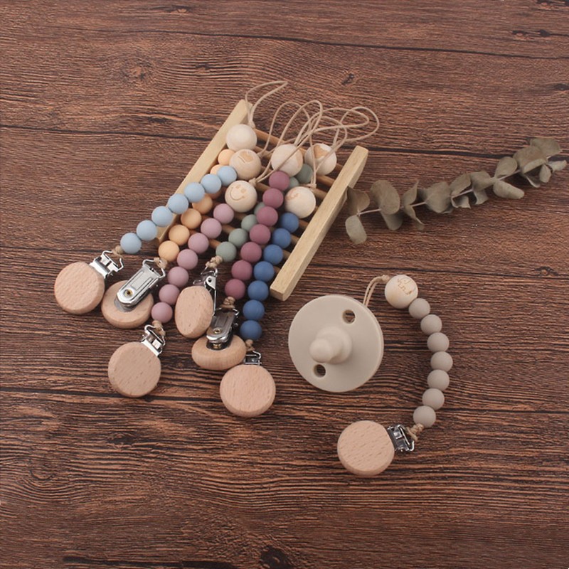 Wooden Baby Infant Toddler Doll Pacifier Silicone Soother Nipple Clip Chain Strap Baby Holder Chew Baby Teether Teething